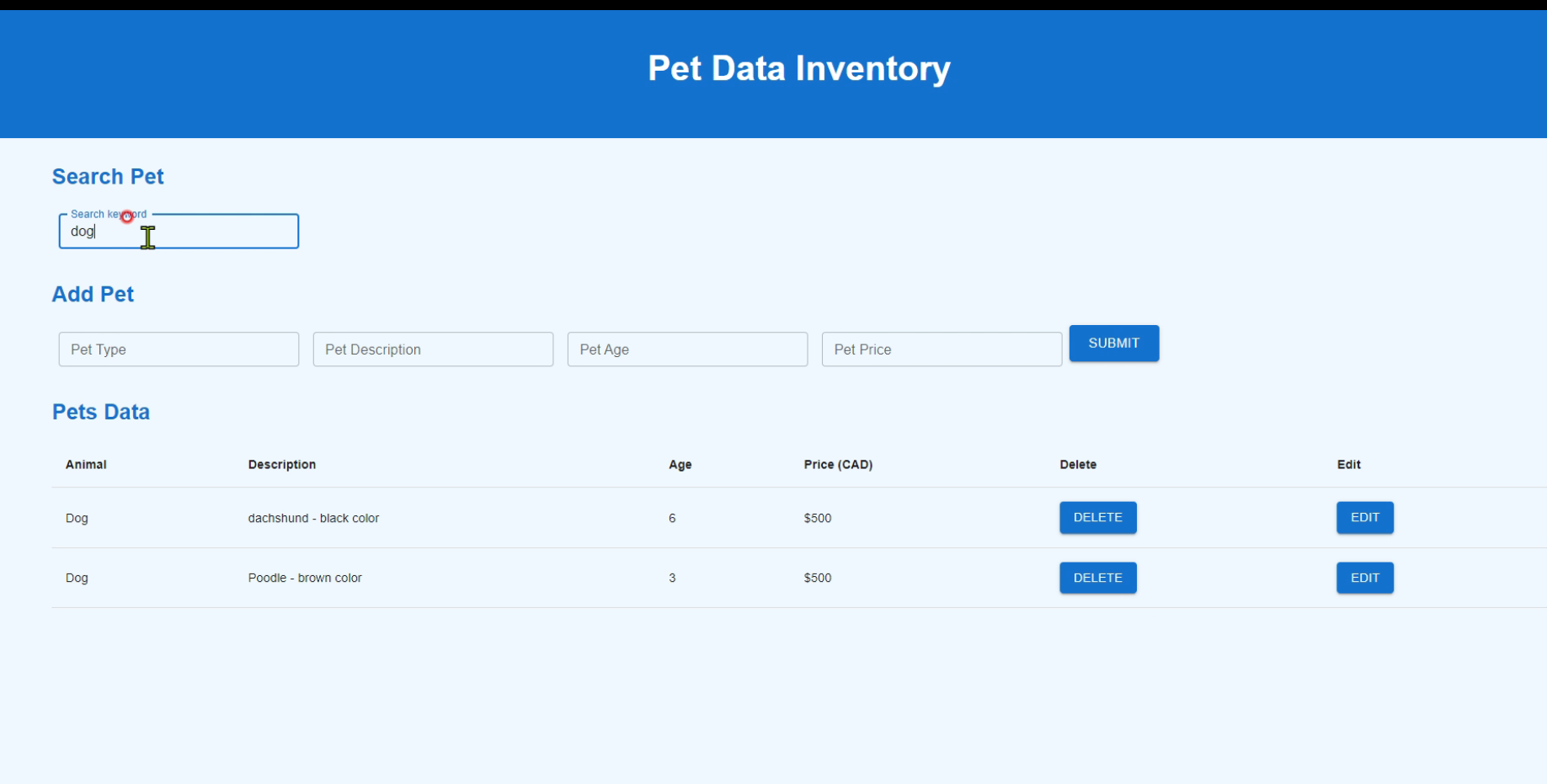 Pet Store Pet data manage